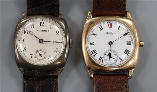 A Waltham 9ct gold wristwatch with enamelled Roman dial and subsidiary seconds and a Tavannes (Dennison) silver wristwatch